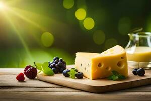 fresh cheese and berries on wooden table with sunlight. AI-Generated photo