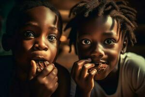 negro niños comiendo chocolate. generar ai foto