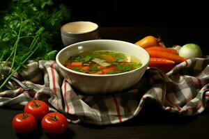 Bowl with fresh vegetable soup on table. Generate Ai photo