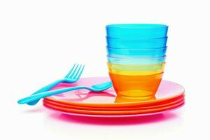 Bright plastic tableware isolated on white table. Generate Ai photo