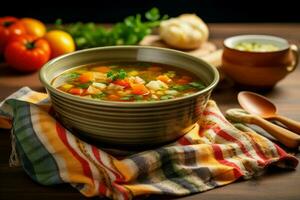 Bowl with fresh vegetable soup tasty. Generate Ai photo