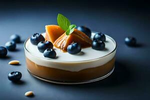 postre con arándanos y Almendras en un oscuro antecedentes. generado por ai foto