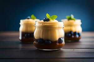 three dessert jars with blueberries and cream. AI-Generated photo