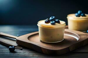 two small jars of yogurt with blueberries on top. AI-Generated photo