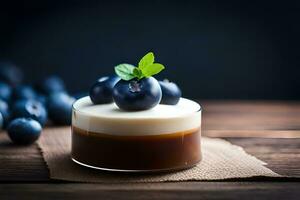 blueberry cheesecake with chocolate sauce in glass on wooden table. AI-Generated photo