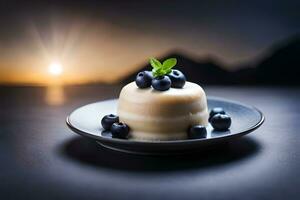 a dessert on a plate with blueberries. AI-Generated photo