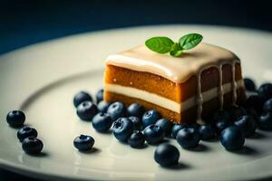a piece of cake with blueberries on a plate. AI-Generated photo