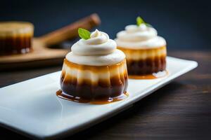 Tres postres en un blanco plato con caramelo salsa. generado por ai foto