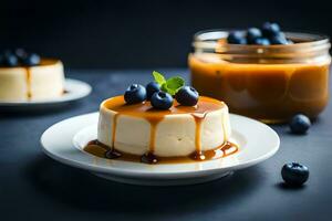 caramel cheesecake with blueberries on a plate. AI-Generated photo