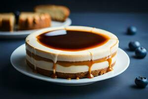 a cheesecake with caramel sauce and blueberries. AI-Generated photo