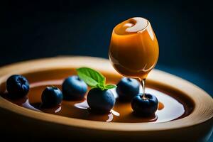 a bowl of blueberries and caramel being drizzled. AI-Generated photo