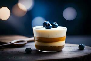 a dessert with blueberries in a glass on a wooden table. AI-Generated photo