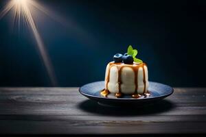 a dessert on a plate with blueberries and caramel sauce. AI-Generated photo