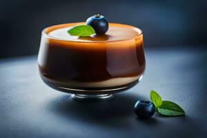 chocolate dessert with blueberries in glass bowl on dark background. AI-Generated photo