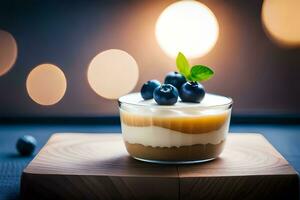 blueberry cheesecake dessert in glass on wooden table with bokeh background. AI-Generated photo
