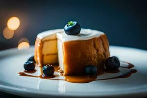 un postre en un plato con arándanos generado por ai foto