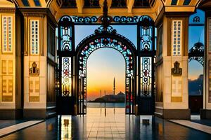 the entrance to a building with an ornate gate. AI-Generated photo