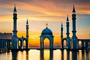 the sun sets over a mosque in the middle of a body of water. AI-Generated photo