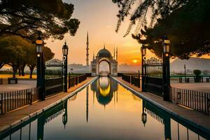 the sun sets over a mosque and fountain in the middle of a park. AI-Generated photo