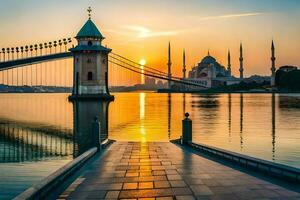 the sun rises over the blue mosque and the suspension bridge. AI-Generated photo