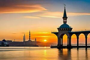 puesta de sol terminado el Estanbul puente. generado por ai foto