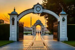 el Entrada a un mezquita a puesta de sol. generado por ai foto