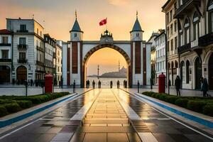 el Dom es ajuste terminado un ciudad calle con un puerta. generado por ai foto