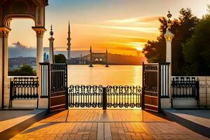 sunset over the bosphorus bridge. AI-Generated photo