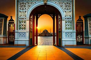 the sun sets behind an archway at sunset. AI-Generated photo