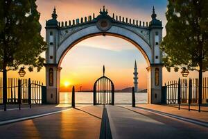 sunset at the gate of the mosque in istanbul. AI-Generated photo