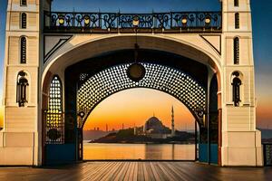 el ver desde el arco de un mezquita a puesta de sol. generado por ai foto
