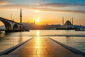 the sun rises over the blue mosque and the bridge. AI-Generated photo