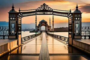 the bridge over the water is in front of a mosque. AI-Generated photo