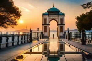 puesta de sol a el bósforo puente en Estanbul, pavo. generado por ai foto