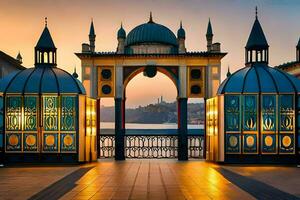 the entrance to a mosque at sunset. AI-Generated photo