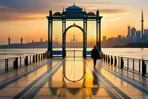 un hombre camina en un muelle con vista a el ciudad a puesta de sol. generado por ai foto