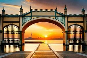 the sun sets behind an archway in front of a body of water. AI-Generated photo
