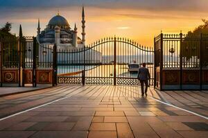 a man walking through an iron gate in front of a mosque. AI-Generated photo