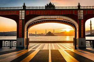 puesta de sol terminado el bósforo puente. generado por ai foto