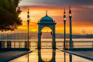 puesta de sol en Estanbul, pavo, con el bósforo puente en el antecedentes. generado por ai foto