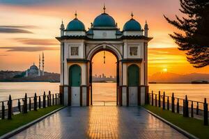 the entrance to the mosque at sunset. AI-Generated photo