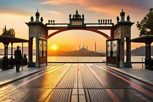 the sun sets over the water and a bridge with a gate. AI-Generated photo