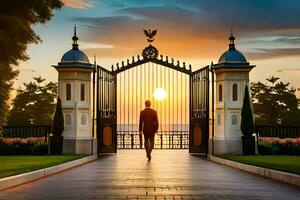 a man walking through an open gate at sunset. AI-Generated photo