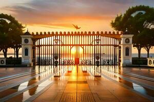 puesta de sol terminado el mar y un puerta. generado por ai foto