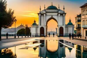 the sun is setting over a city with a large arch. AI-Generated photo