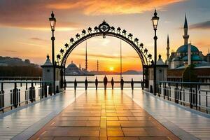 puesta de sol terminado el azul mezquita en Estanbul. generado por ai foto