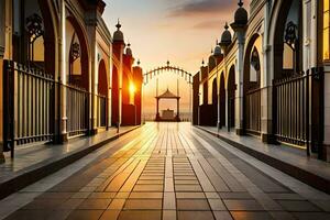 a long walkway with a gate at sunset. AI-Generated photo