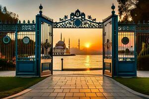 sunset at the blue mosque. AI-Generated photo