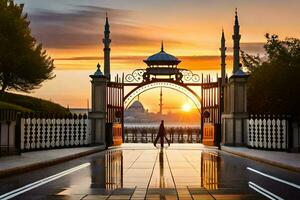 a man walks through an archway at sunset. AI-Generated photo