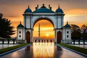 the archway of the mosque at sunset. AI-Generated photo